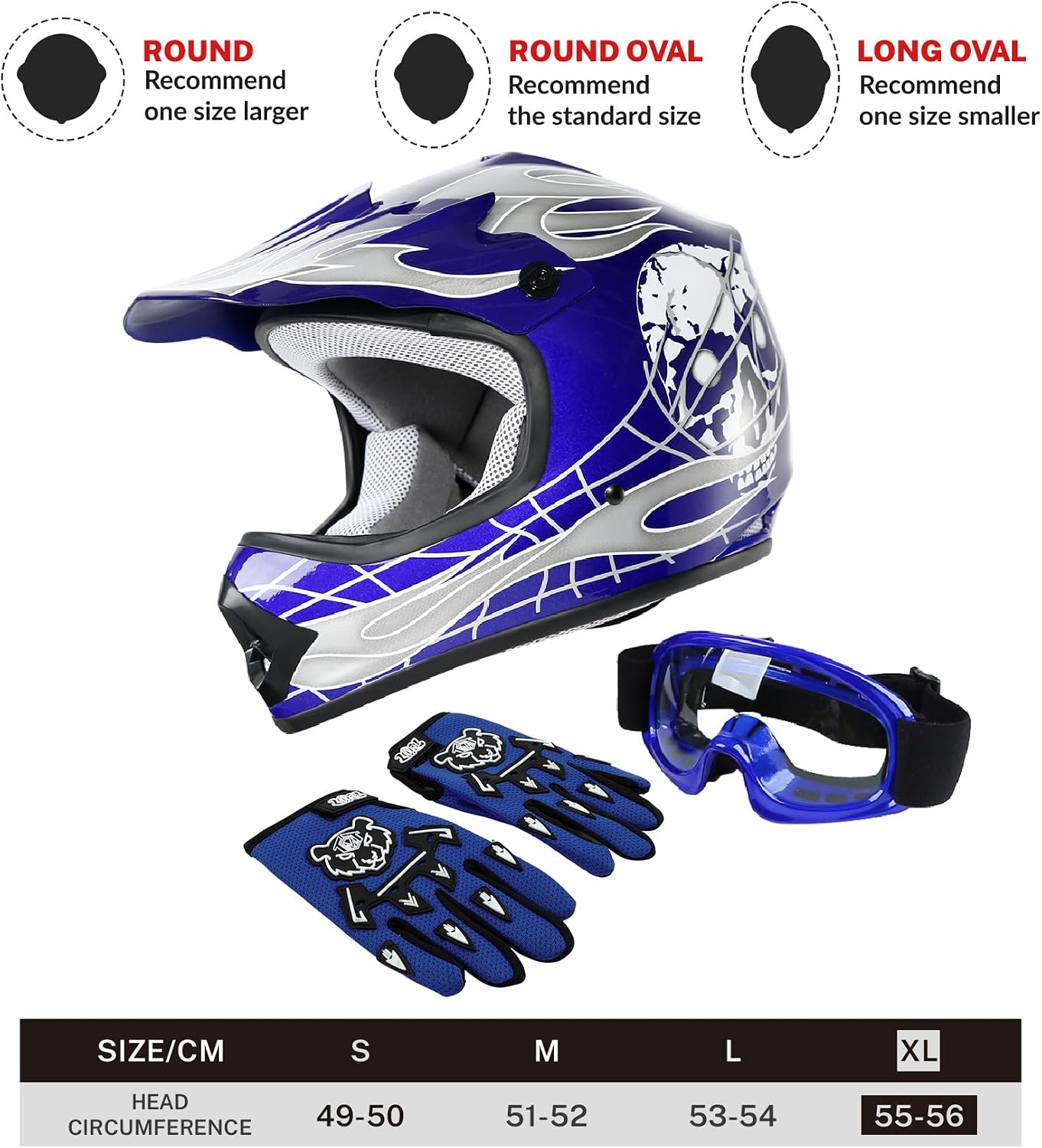 SLMOTO ATV Helmets for Kids Youth DOT Motocross Offroad Street Helmet Motorcycle Blue Helmet Dirt Bike Motocross Helmet+Goggles+Gloves