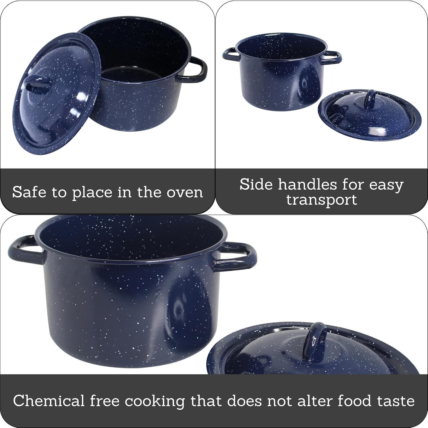 IMUSA USA C20666-1062810W Speckled Enamel Stock Pot with Lid, 4 Quart, Blue | Speckled Enamel Finish, Durable Steel Construction, Ideal for Soups and Stews, Great for Everyday Family Meals