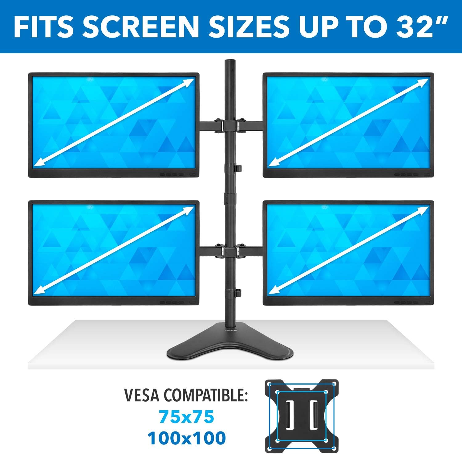 Mount-It! Quad Monitor Stand for 4 Screens up to 32", Free Standing Multi Monitor Desk Mount, Height Adjustable 34.8", 17.6 lbs Each