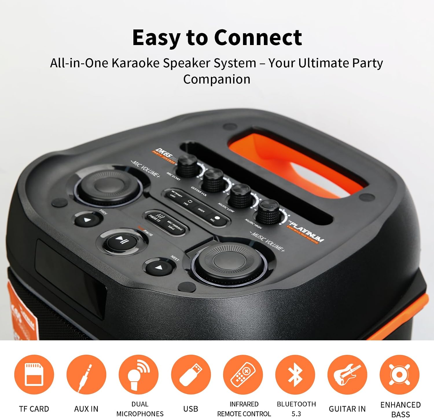 The platiunm DK65 Party Speaker Karaoke Systems for Adults with 2 Wireless Microphone, Bass and Treble Adjustment, with LED Lights, 23K Songs