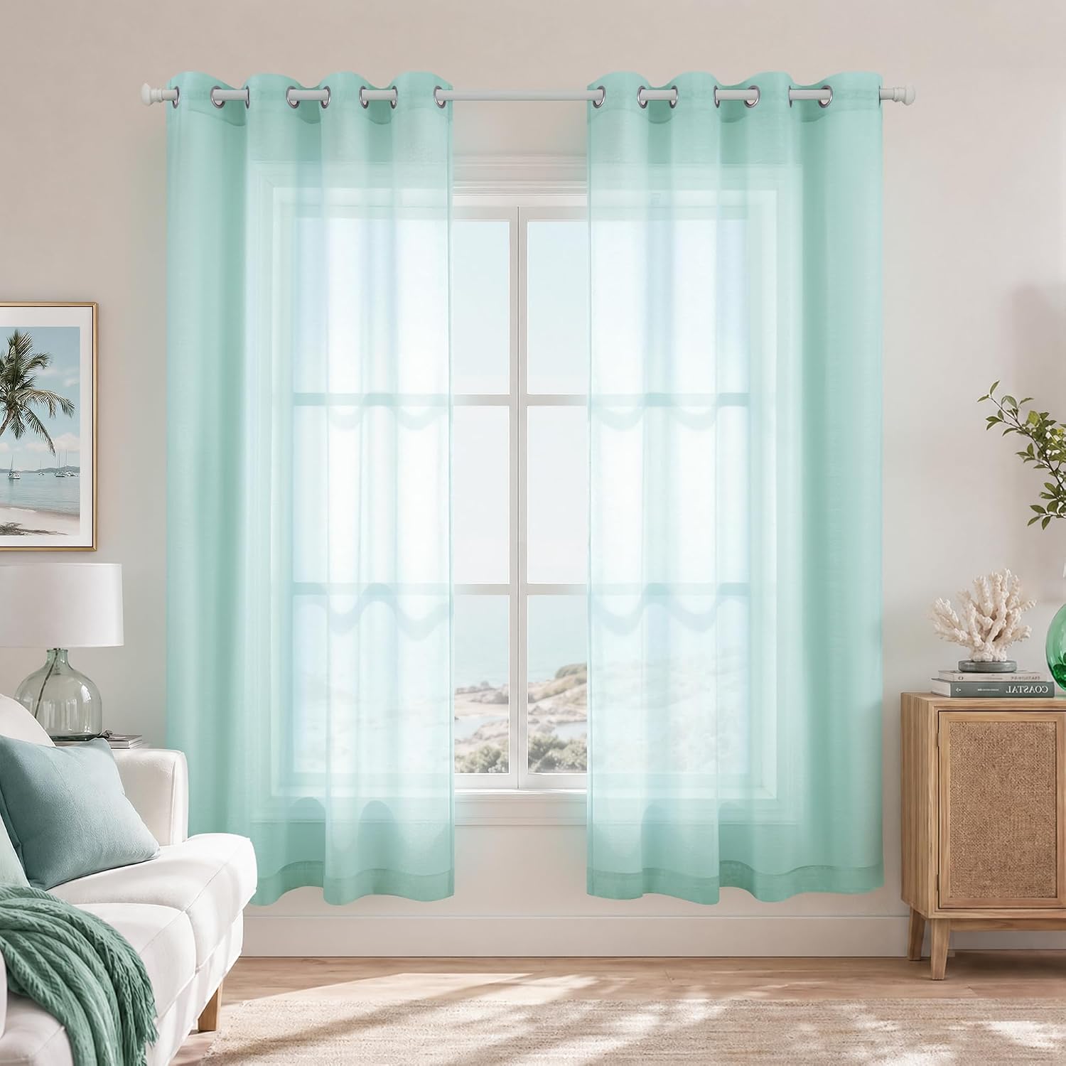 KOUFALL White Sheer Curtains 72 Inches Long for Bedroom Set of 2 Panels Grommet Faux Linen Window Voile Semi Baisc Decorative Sheer Curtains for