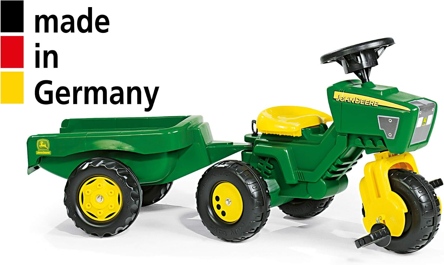 Rolly Toys John Deere 3-Wheel Trac with Trailer Ride On, Green/Yellow (52769)
