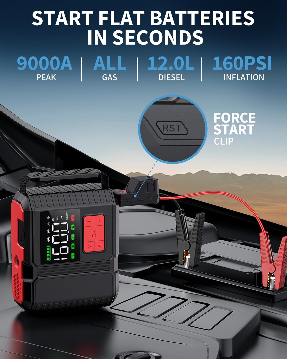 Car Jump Starter with Air Compressor, 9000A Peak 26800mah (Up to All Gas or 12.0L Diesel Engine