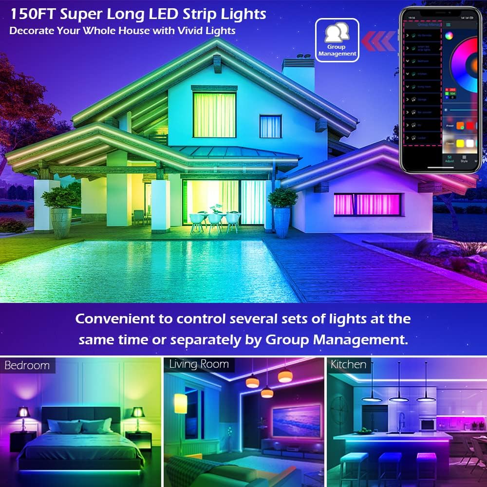 100ft Led Strip Lights, Long Smart Led Light Strips Music Sync 5050 RGB Color Changing Rope Lights