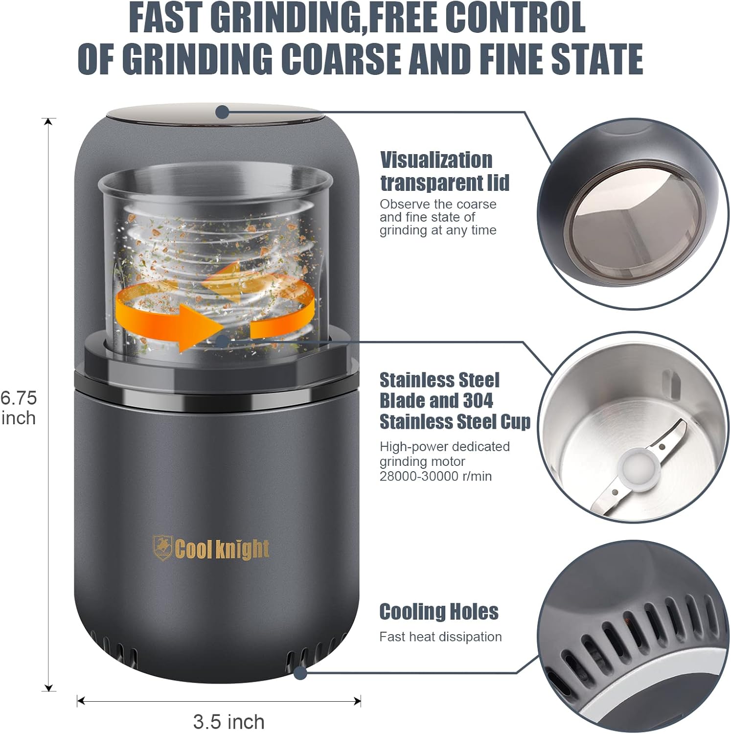 COOL KNIGHT Herb Grinder [large capacity/fast/Electric ]-Spice Herb Coffee Grinder with Pollen Catcher/- 7.5" (Black)