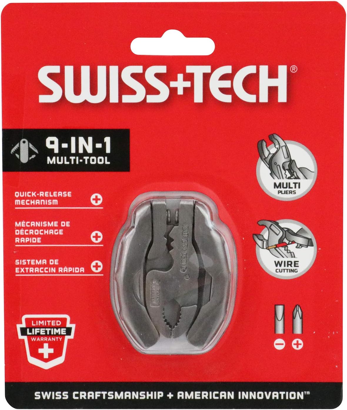 SWISS+TECH ST50016 Polished Stainless Steel 9-in-1 Micro Pocket Multitool with Screwdrivers, Pliers (Single Pack)
