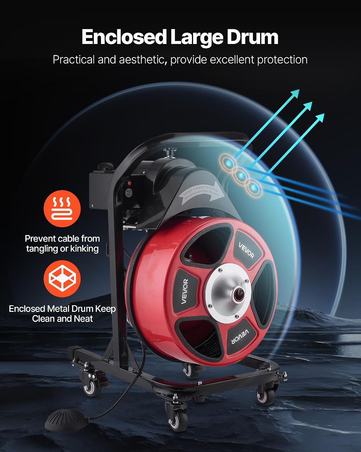 VEVOR Drain Cleaner Machine 75 FT x 3/8 Inch, Auto Feed Sewer Snake Auger on Wheels, Portable Drain Cleaning Machine with 4 Cutters & Air-activated Foot Switch for 2" to 4" Pipes