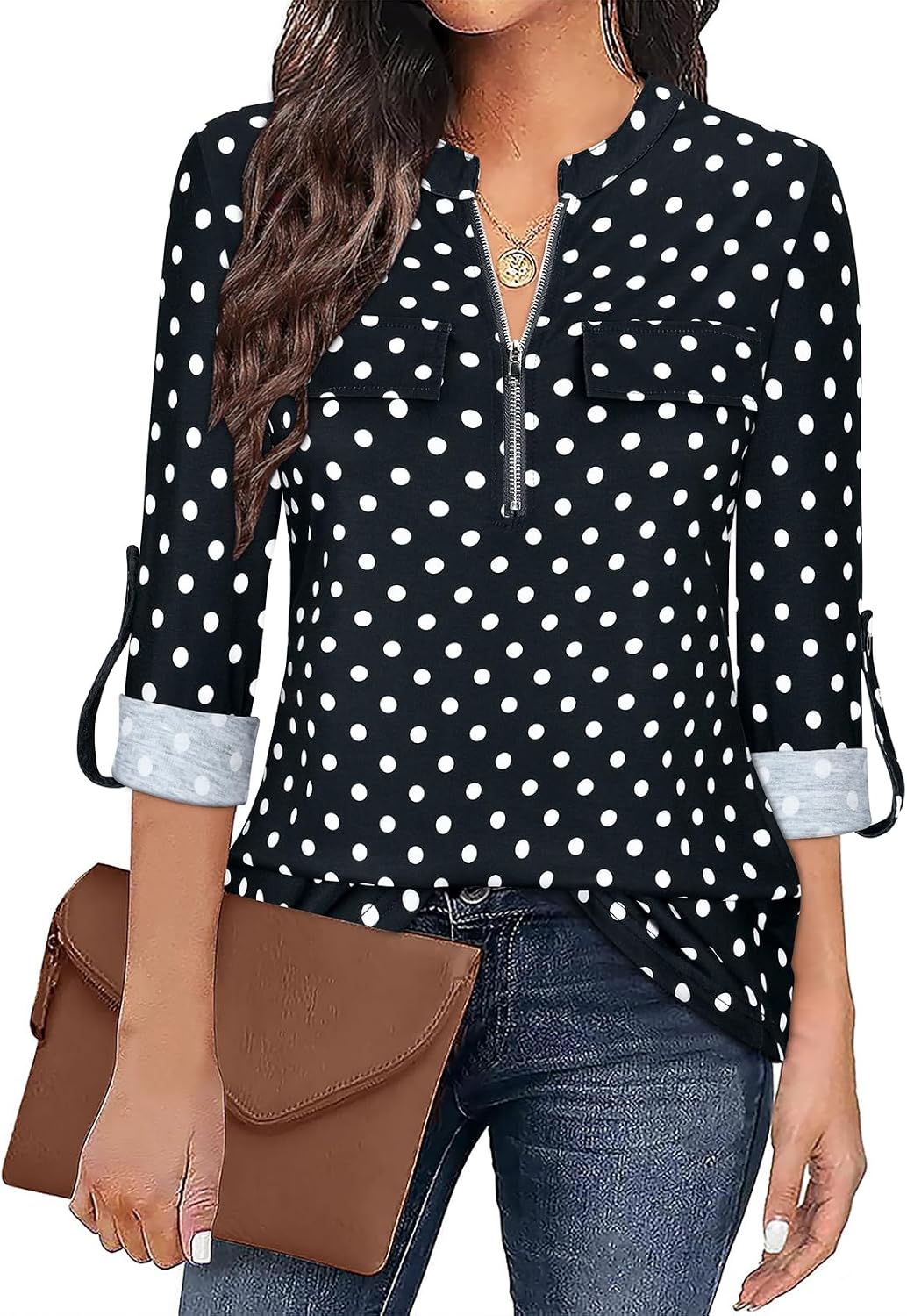Tanst Sky Womens Casual Long Sleeve Zipped V Neck Plaid Tunic Blouses