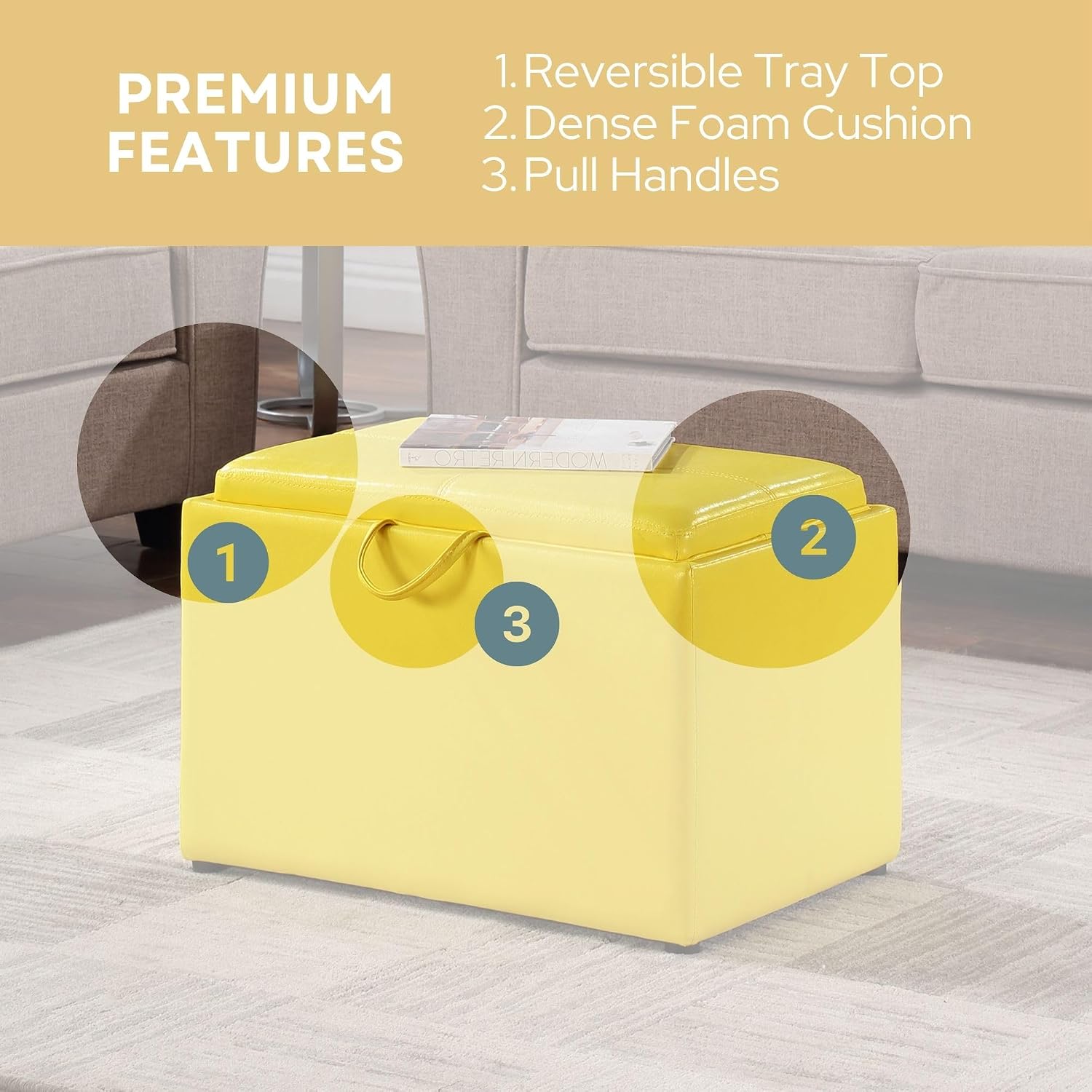 Convenience Concepts Designs4Comfort Accent Storage Ottoman 22.75" - Modern Foot Stool with Decorative Tray for Living Room, Dining Room, Office, Blue Faux Leather
