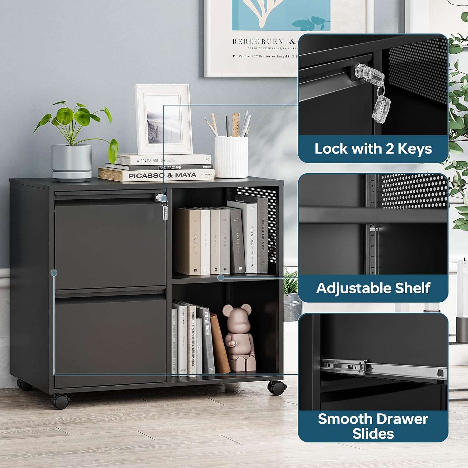 MIIIKO 3 Drawer File Cabinet with Lock, Metal Lateral Rolling Printer Stand Filing Cabinets for Home Office Storage,A4, Letter,File Folders(White)