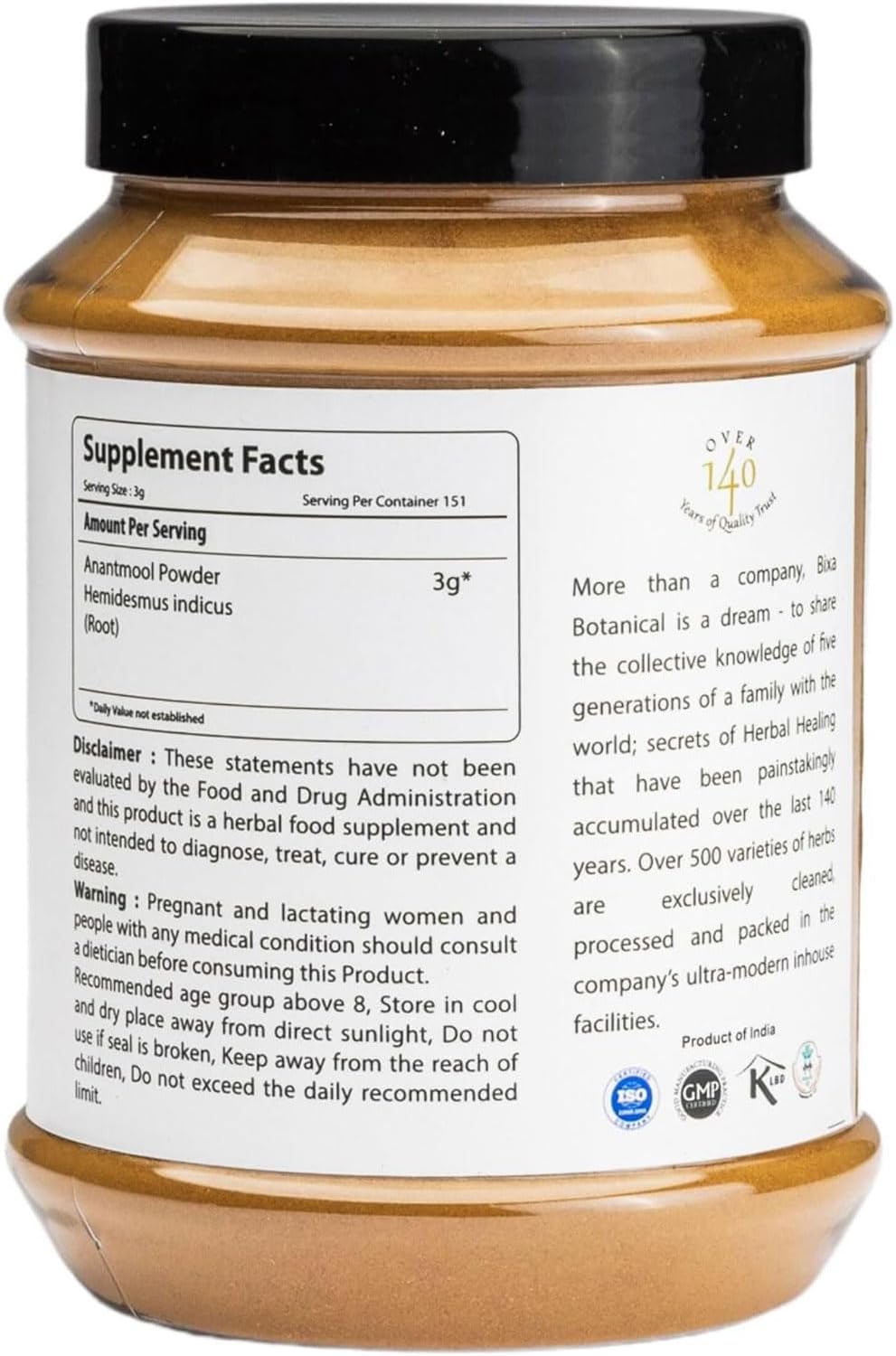 bixa BOTANICAL | Sarsaparilla Root Powder | Hemidesmus Indicus | Ayurvedic Herb | Cooling Balance and Daily Wellness Support | Vegan | Non GMO | Gluten Free | Clean Label | 3.5 oz 100 g