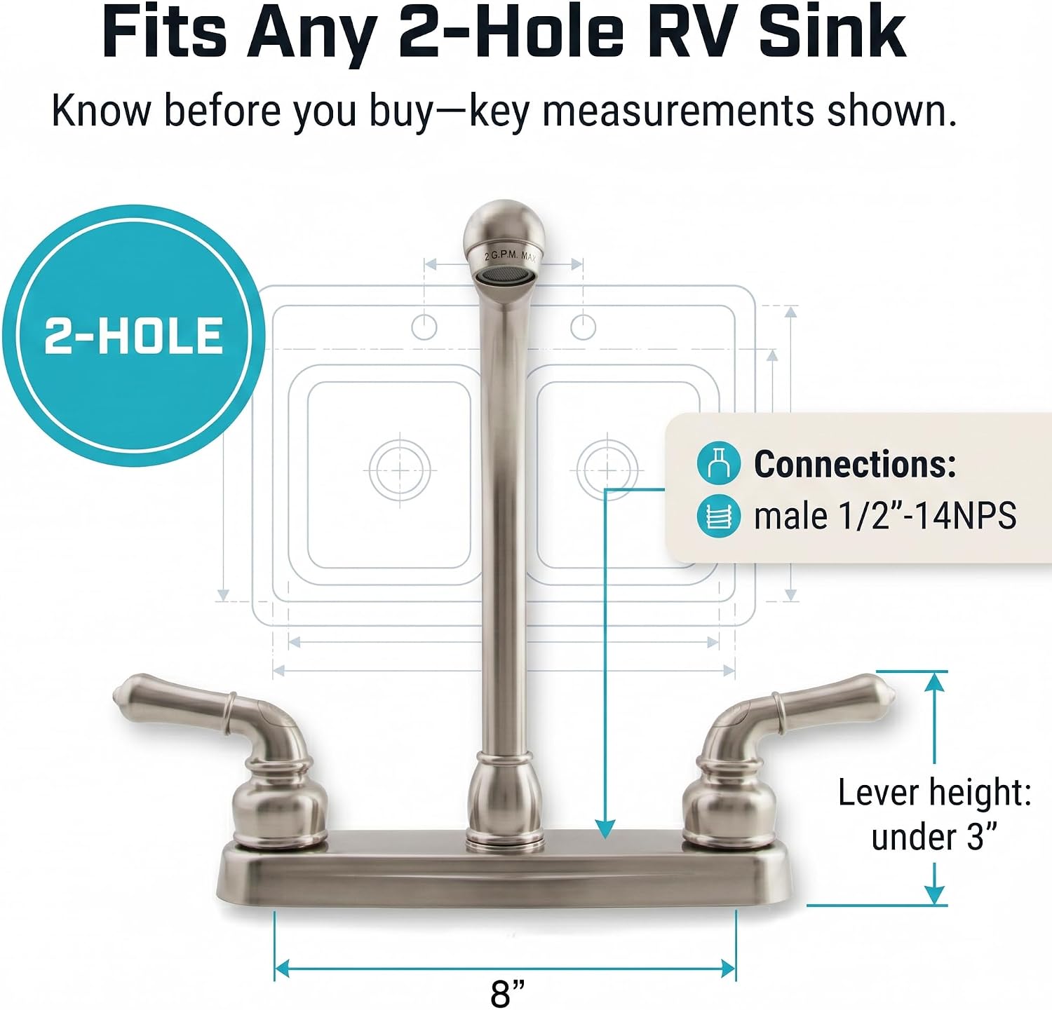 Dura Faucet DF-PK210C-SN RV Hi-Rise Kitchen Sink Faucet (Satin Nickel) | Tall spout and classical levers make washing big pots easy. Brushed Satin Nickel.