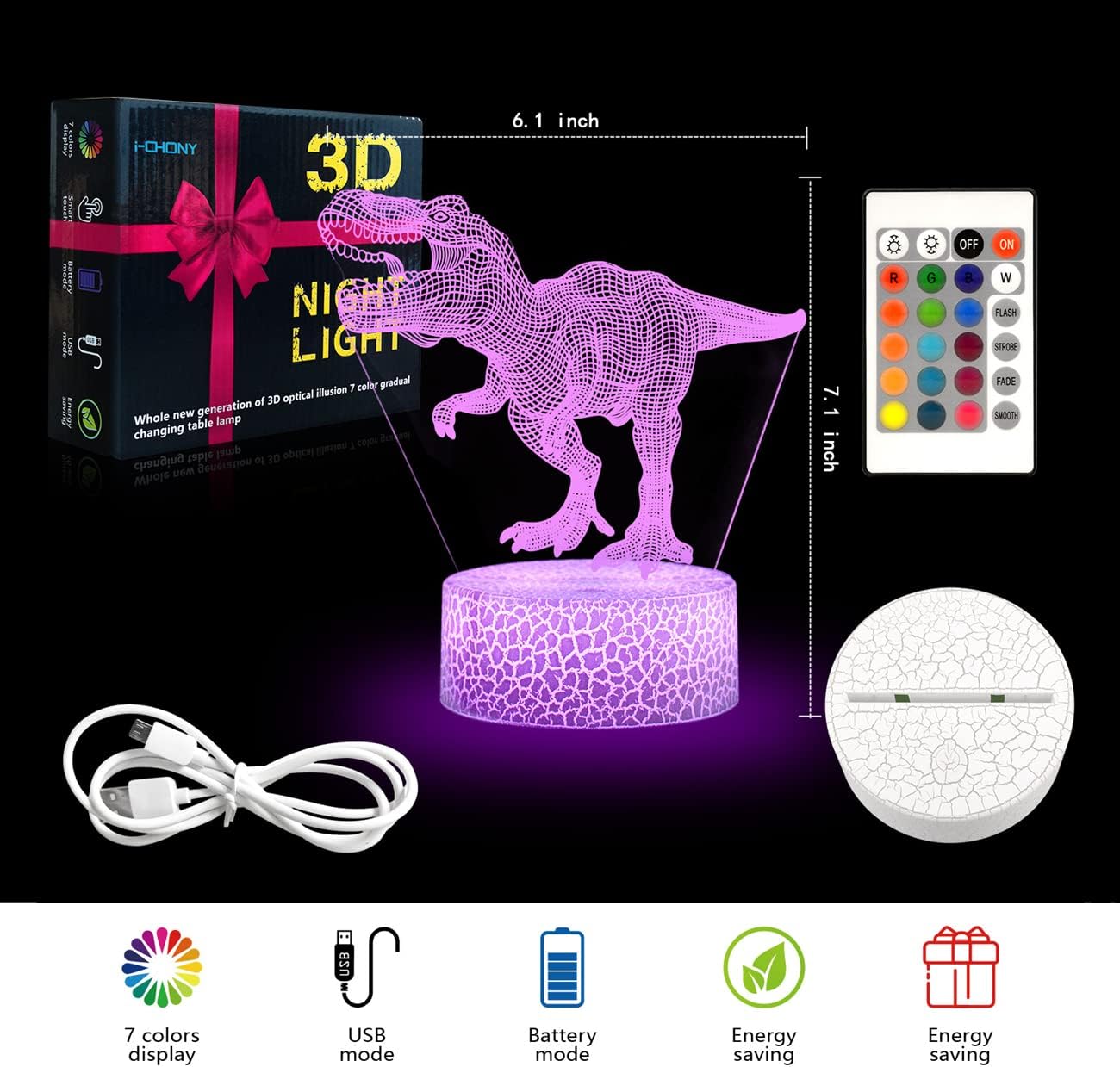 i-CHONY Dinosaur Toy T-Rex 3D Night Light for Kids, 16 Colors Dimmable Dinosaur Led Light with Remote & Smart Touch
