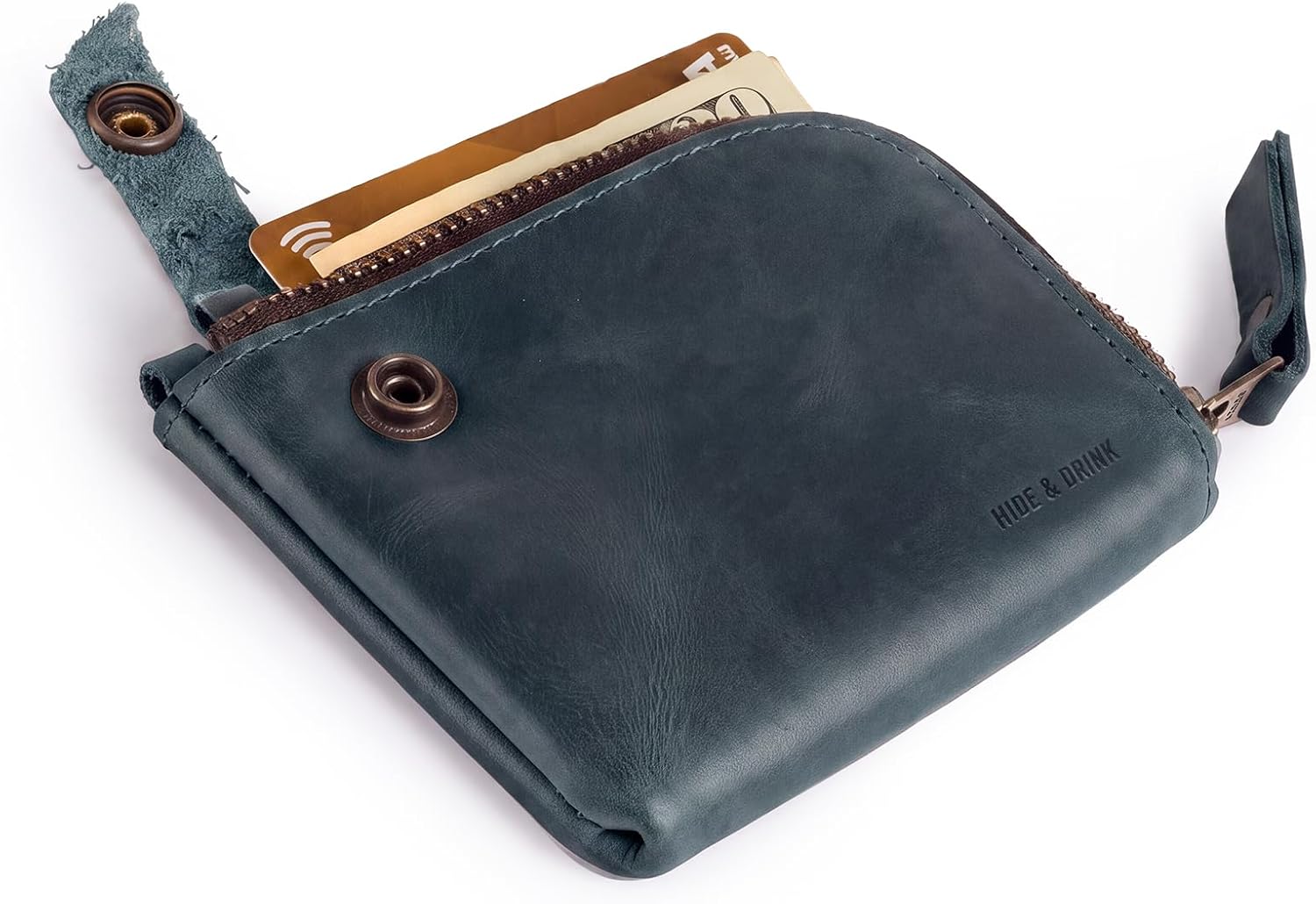 Hide & Drink, Leather Zippered Wallet, Holds Up to 6 Cards Plus Folded Bills, Pouch Organizer, Cash Holder, Travel Essentials, Mini, Pocket-Size, Handmade (Bourbon Brown)