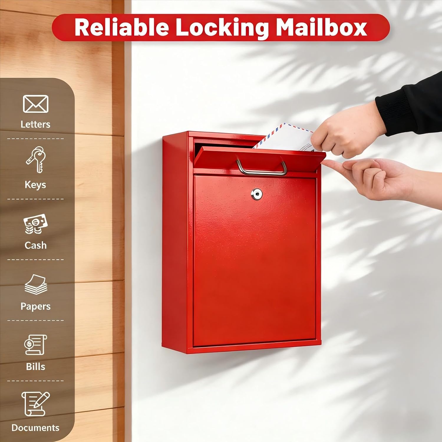 KYODOLED Steel Key Lock Mail Boxes Outdoor, Locking Wall Mount Mailbox, Security Lock Drop Box, Collection Boxes for Home, Office or Commercial,16.2H x 11.2L x 4.6W Inches, Black X Large