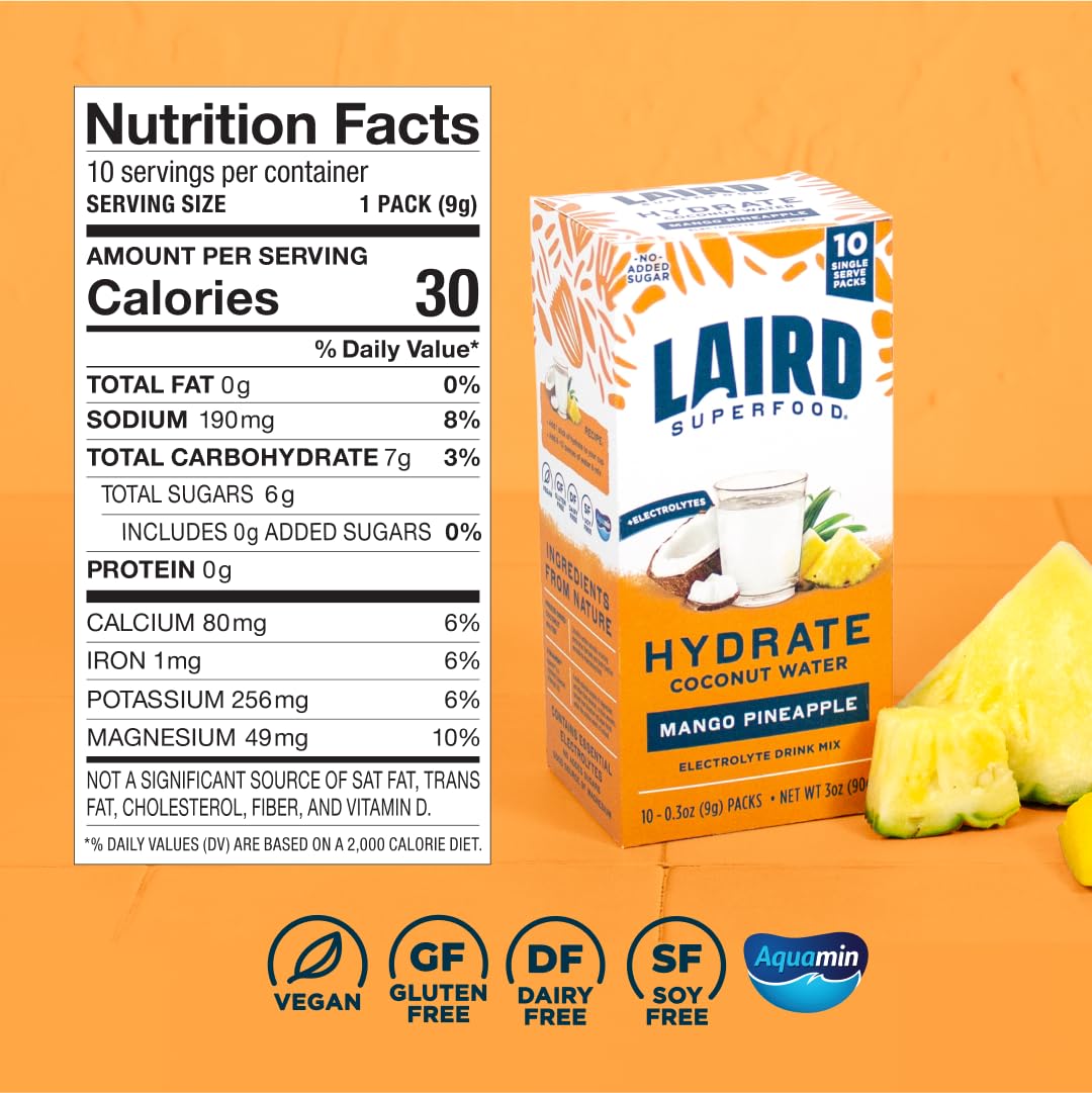 Laird Superfood HYDRATE Coconut Water Powder Drink Supplement with Coconut Water and Auqamin, All Natural, No Added Sugars, Gluten-Free, Non-GMO, Vegan, 8 oz. Bag, Pack of 1
