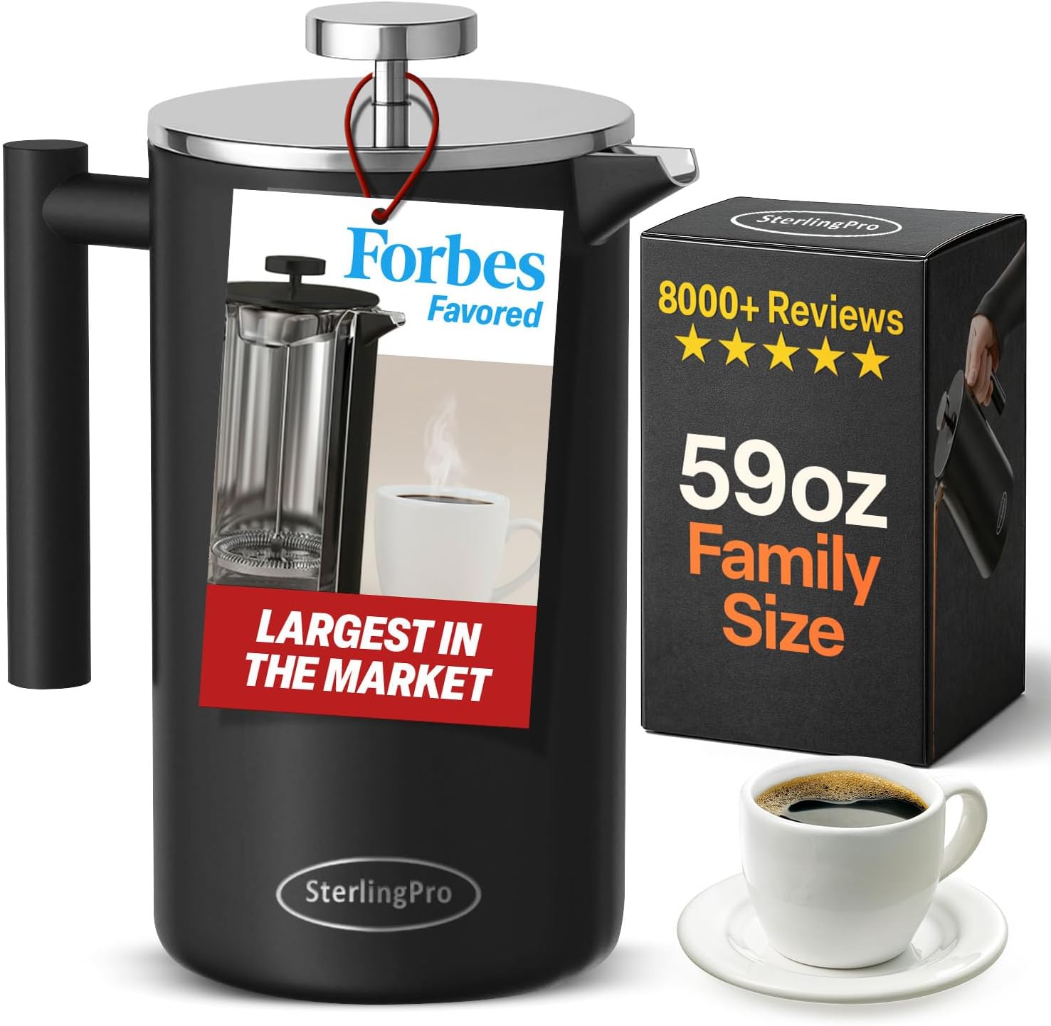 SterlingPro Large Insulated Stainless Steel French Press Coffee Maker 51oz Capacity (44 oz Brew Yield) – Double Wall Metal Coffee Press | Plastic Free | Cool-Touch | Mirror Finish | 12 Cups / 6 Mugs