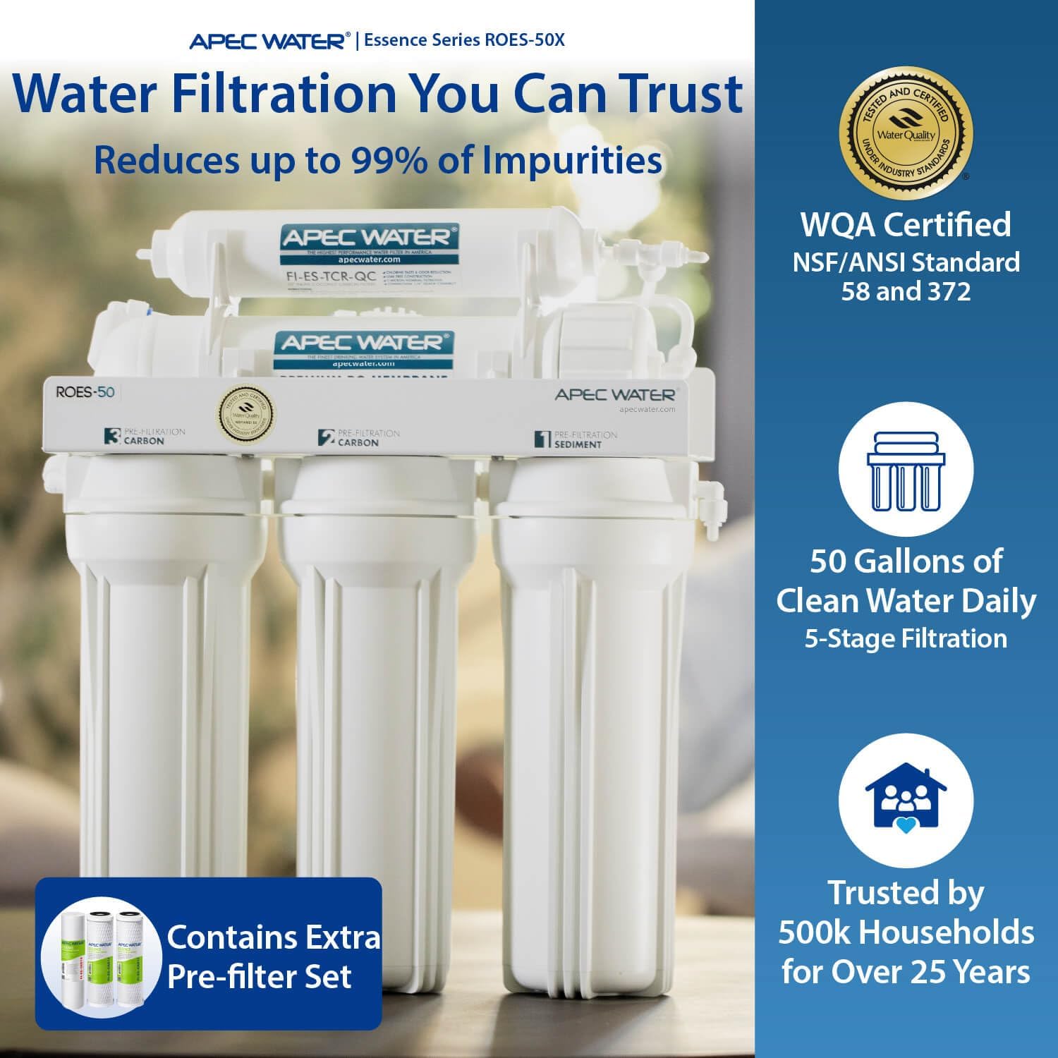 APEC Water ROES-50, 5-Stage Under Sink Reverse Osmosis System, 50 GPD | NSF Certified 372 & 58, Reduces 99% of Impurities, DIY Installation