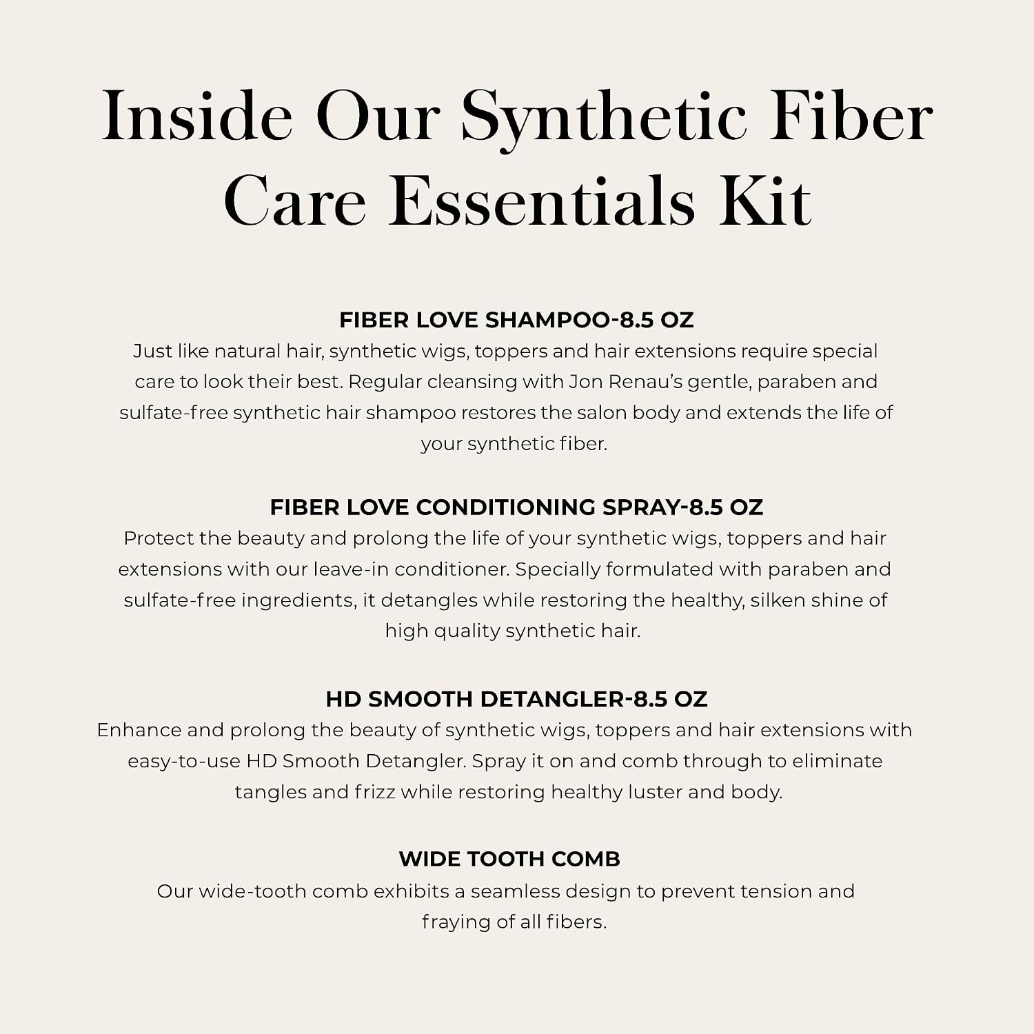 Jon Renau Synthetic Fiber Care Kit, Shampoo and Leave In Conditioner for Synthetic Wigs and Hair Extensions, Detangler Spray with Wide Tooth Comb