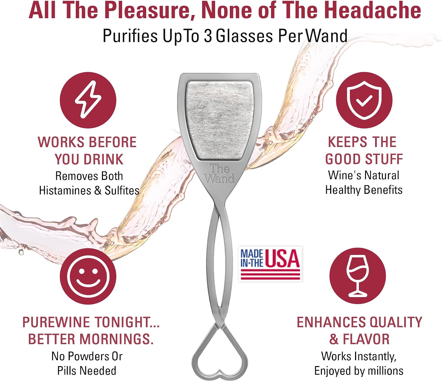 PureWine The Wand Wine Purifier, Removes Histamines & Sulfites - 8 Wands | Wine Wand Filters Before You Drink; Remove Sulfites & Histamines; Helps Wine Allergies & Headaches. Purifies 3 glasses/wand
