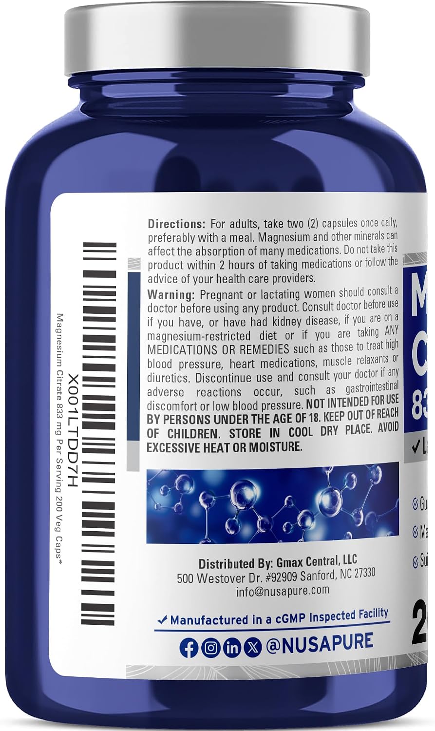 Magnesium Citrate, Non-GMO, Vegan, 833mg, 200 Veg Capsules - 100 Servings | Mineral Formulation, 14.6% Elemental Magnesium Citrate