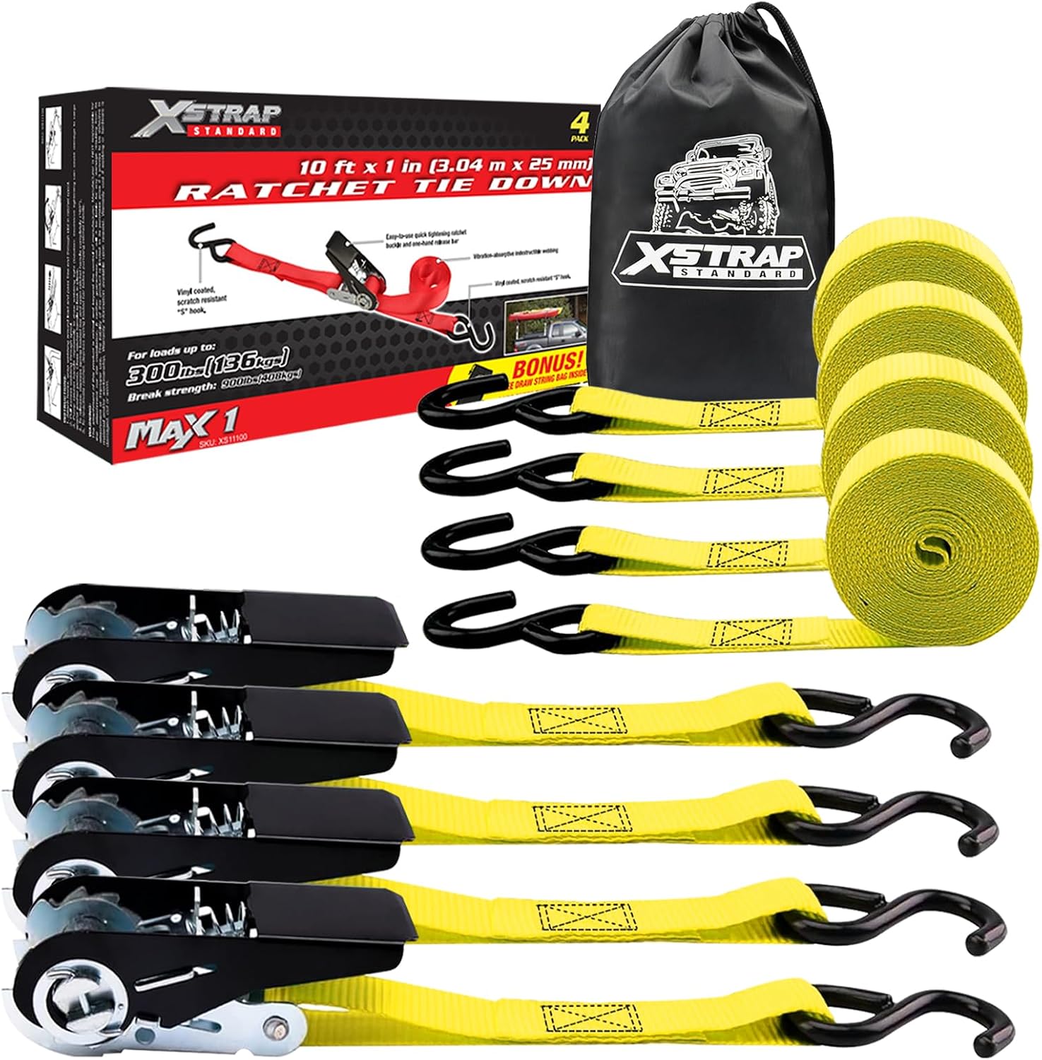 XSTRAP STANDARD 8-PK Ratchet Tie Down Straps, 1" x 10ft Cargo Strap, Yellow