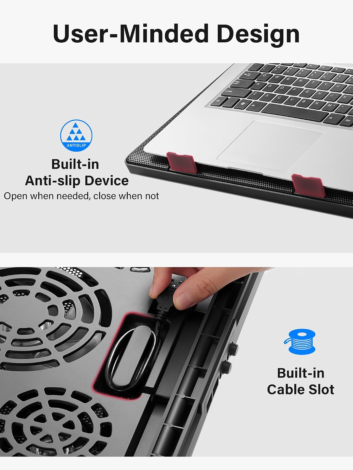 Kootek Laptop Cooling Pad Cooler Stand with 5 Quiet Fans for 12"-17" Laptop | 5 Fans, USB Powered, Laptop Cooling Stand with 2 USB Hub, 6 Adjustable Height, 360° Cooling Coverage, Anti-Slip, Blue LED