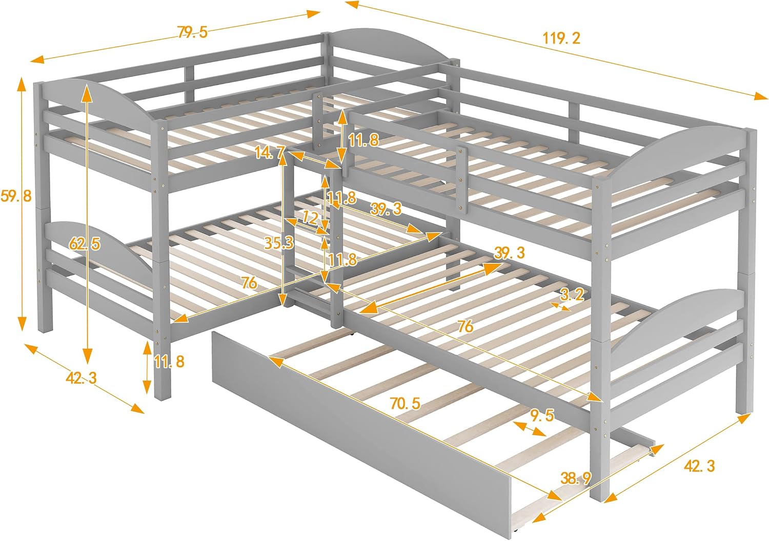 Harper & Bright Designs Twin L-Shaped Bunk Bed with Trundle, Can be Divided into Two L-Shaped Beds, No Spring Box Needed (Grey)
