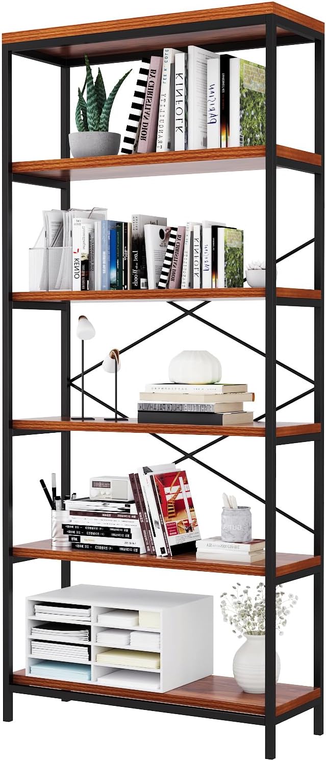 BATHWA Wood and Metal Minimalist 5 Tier Bookshelf, 6 feet Tall Open Rustic Wide Bookcase Industrial Style