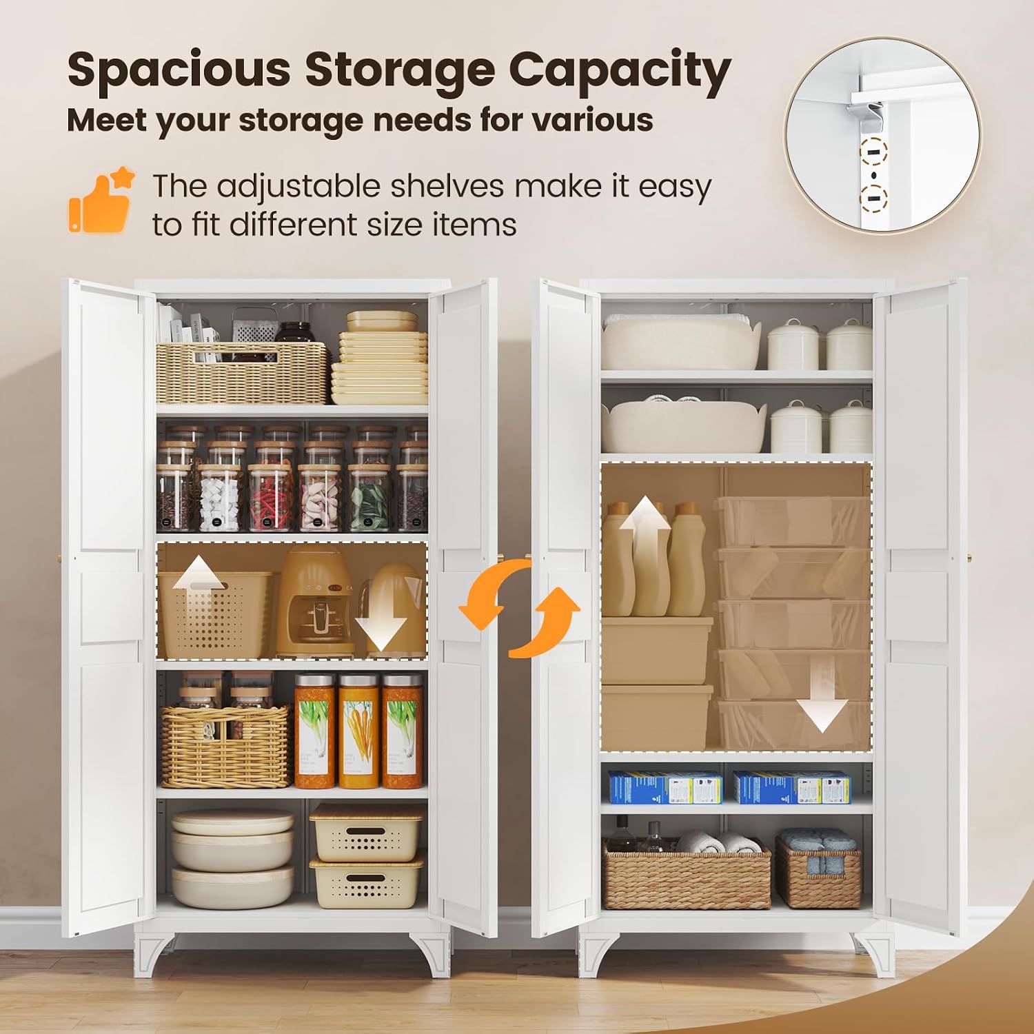 Metal Storage Cabinet with 2 Doors and 4 Adjustable Shelves - 61" White Kitchen Pantry Storage 5-Tier Tall Steel Cabinets Locker for Kitchen, Living Room, Dining Room