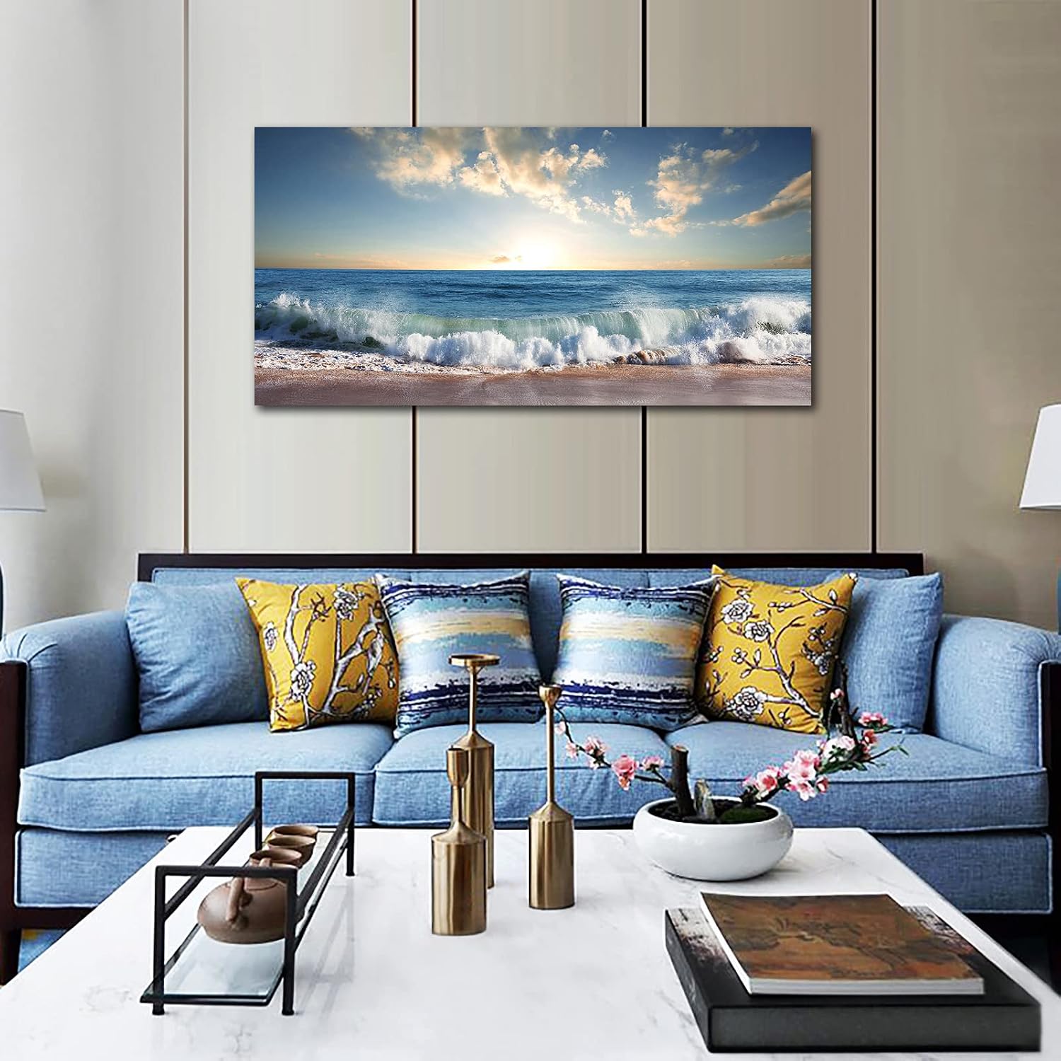 arteWOODS Ocean Wave Canvas Wall Art Beach Sunset Pictures Coastal Nature Artwork Blue Sea Painting Prints for Living Room Bedroom Home Office Decoration 20" x 40"
