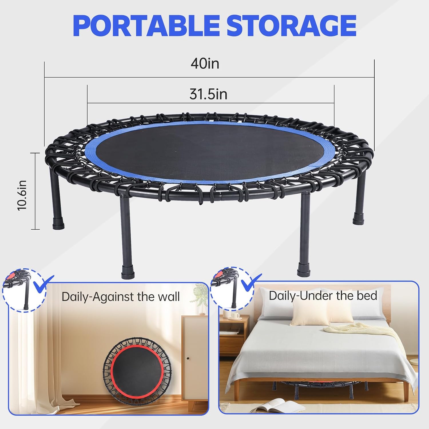 40" Mini Trampoline for Adults, Fitness Rebounder with Elastic Bands, Indoor Exercise Trampoline, Low Impact Workout Equipment for Home Gym