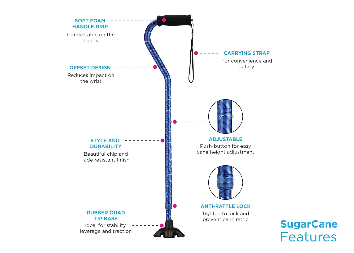 Nova Joy Designer Offset Quad Cane for Seniors - Unisex Adjustable Lightweight Walking Aid with Foam Handle, Wrist Strap and Anti-Rattle Lock - Essential Mobility Support - Maui Flowers