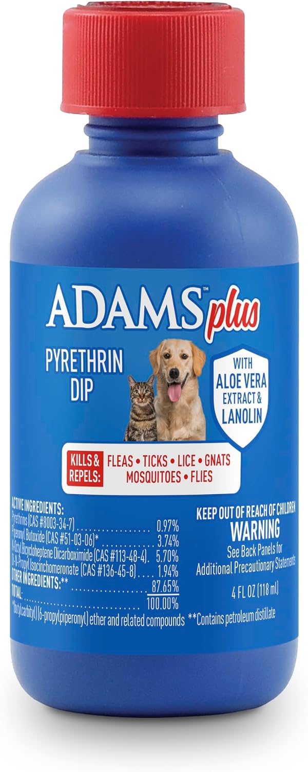 ADAMS Plus Pyrethrin Flea Dip For Dogs and Cats, Kills & Repels Ticks, Lice, Gnats, Mosquitoes, Fleas & Flies, For dogs, cats, puppies, and kittens, 4 Fl oz