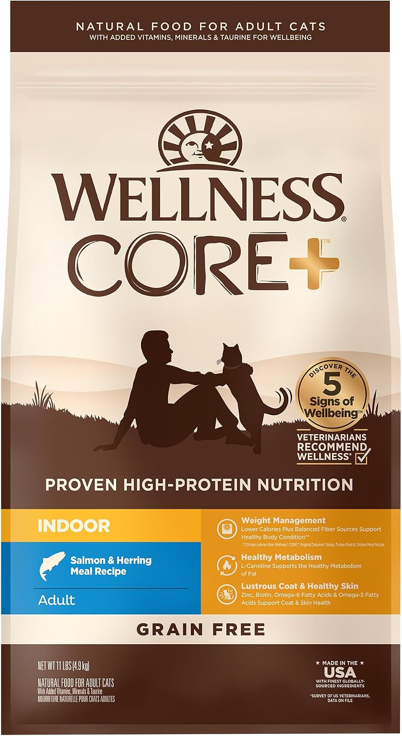 Wellness CORE+ Adult Dry Cat Food for Indoor Cats, Natural, Grain Free Kibble, Chicken, Turkey and Chicken Meal Recipe, 5 lb Bag