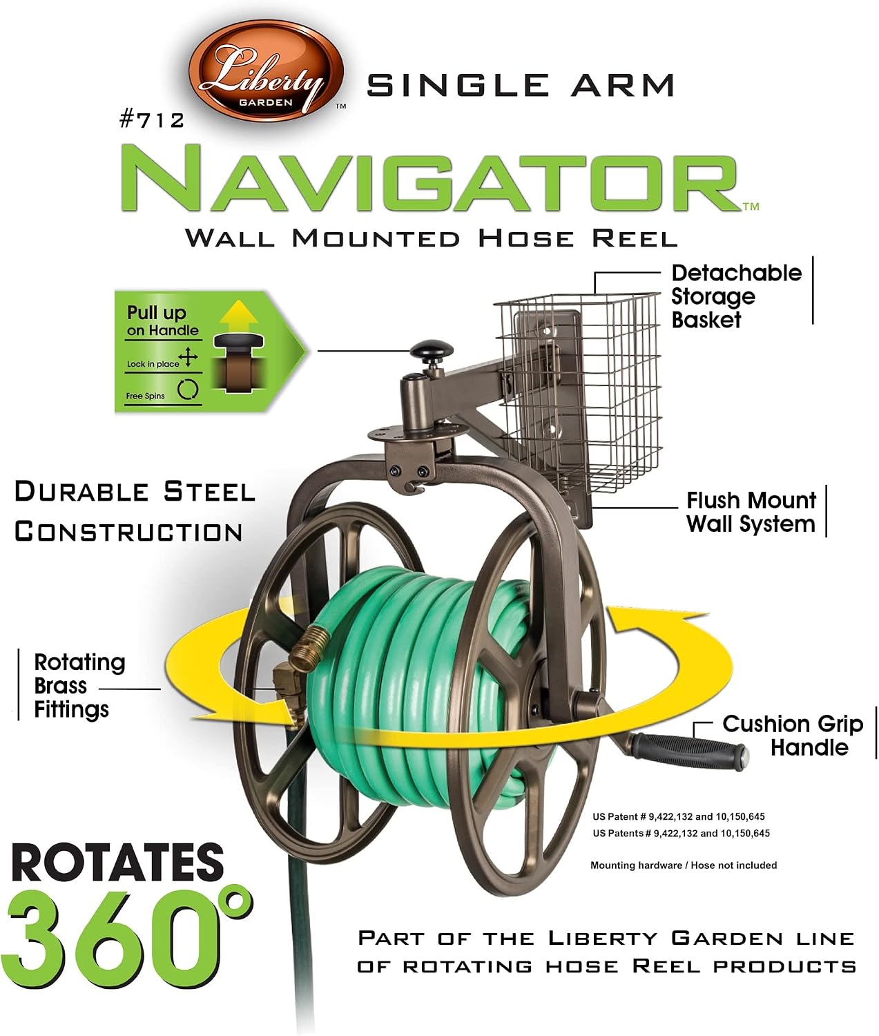 Liberty Garden 710 Navigator Rotating Garden Hose Reel, Holds 125-Feet of 5/8-Inch Hose - Bronze