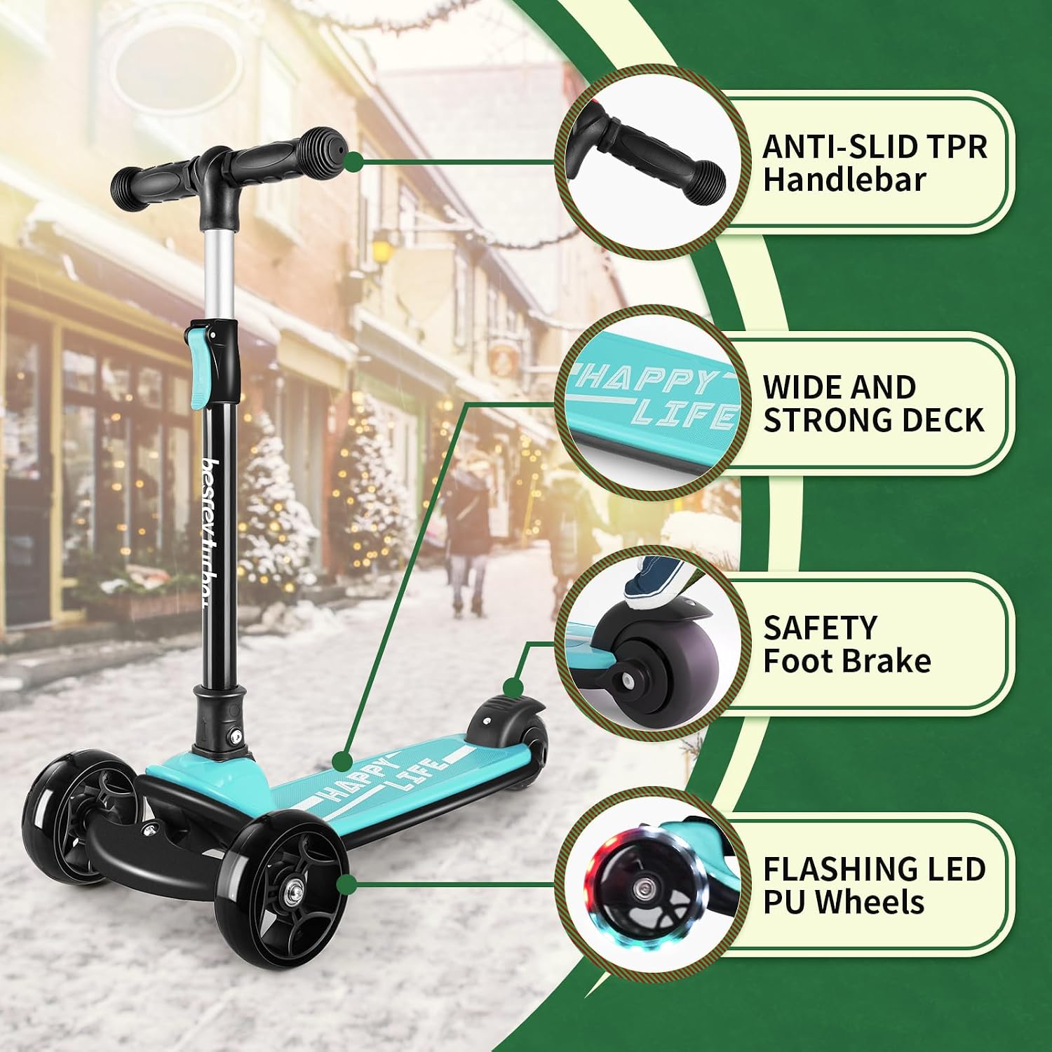 besrey 3 Wheel Scooter for Kids Ages 3-10 with 4 Adjustable Height