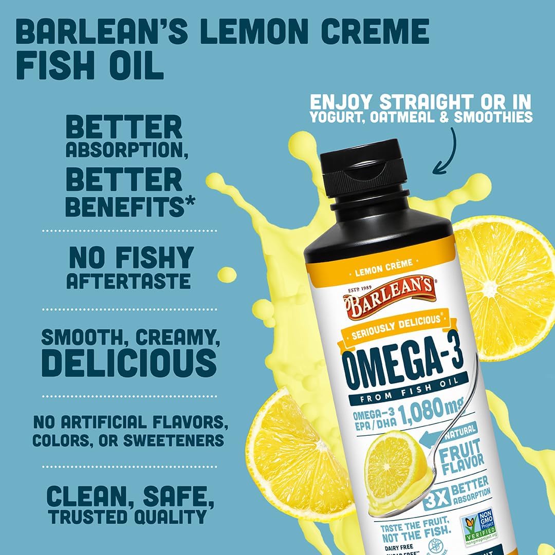 Barlean's Mango Peach Omega-3 Fish Oil, Vitamin D, 1080mg EPA & DHA, 8oz | Wild-caught fish oil plus vitamin D, EPA DHA omega-3, Burpless, Non-GMO, Gluten-free, Heart, brain, bone & immune
