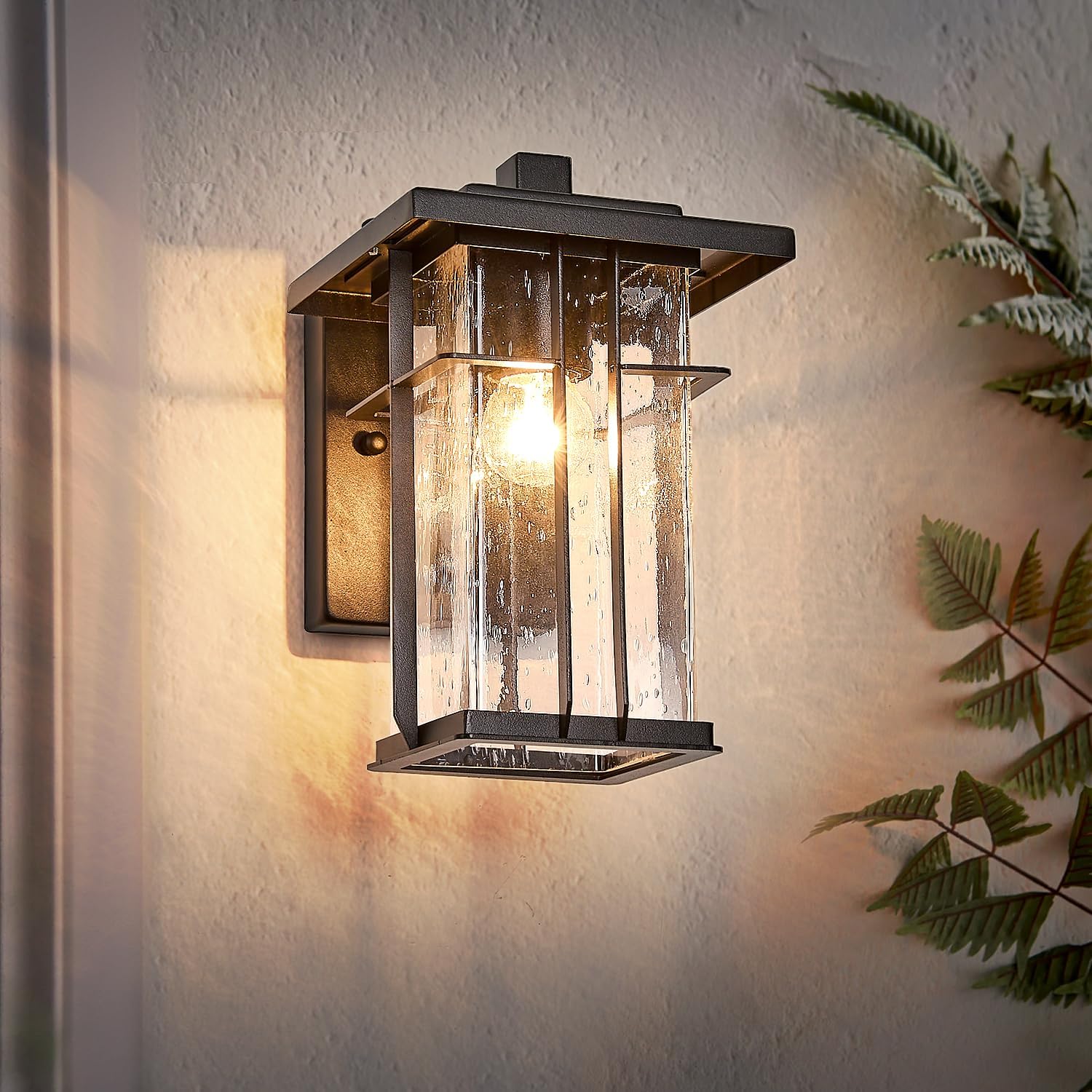 Rustic Dusk to Dawn Outdoor Wall Light Fixture 13.8"H Waterproof Exterior Wall Sconces Black Metal with Seeded Glass Sensor Outdoor Wall Lantern for