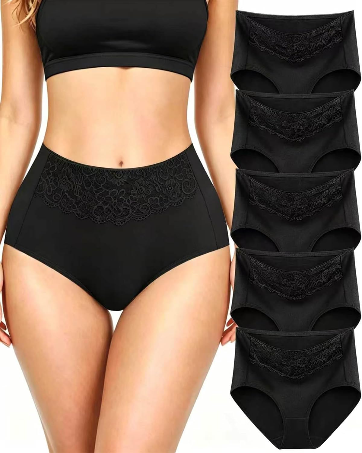 MISSWHO Women's High Waisted Cotton Underwear Soft Breathable Full Coverage Stretch Briefs Ladies Panties 5-Pack