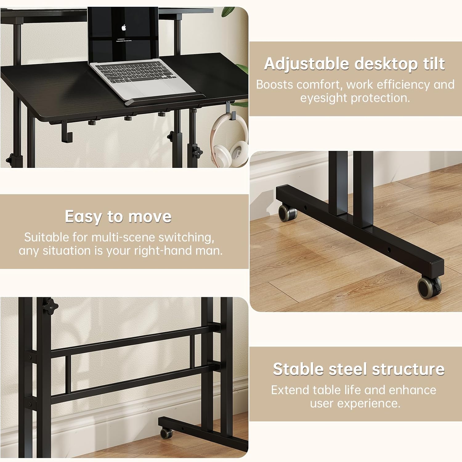 SIDUCAL Mobile Standing Desk, Portable Stand Up, Small Adjustable Converter with Wheels Home Office Workstation, Rolling Desk Laptop Cart for Standing or Sitting, Black