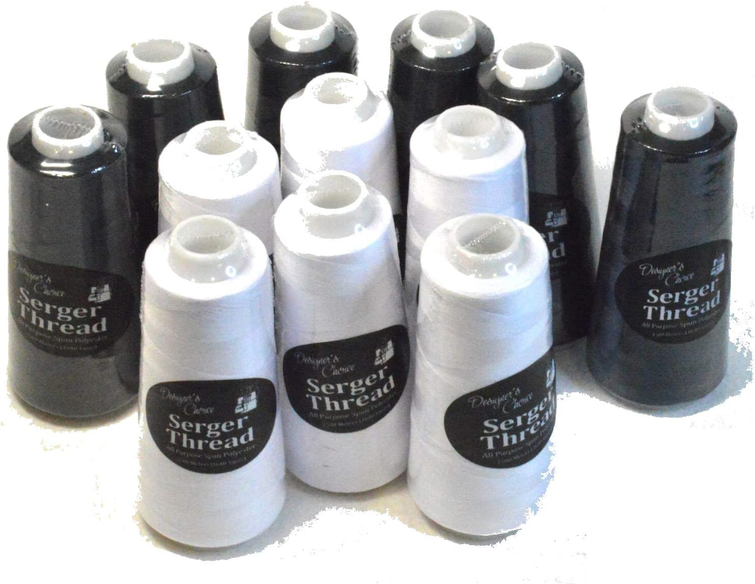 Set of 12 Black & White Serger Thread Spools for Quilting Embroidery Overlock | 100% Polyester | 1640 Yards Each | 6 Black & 6 White | For Quilting