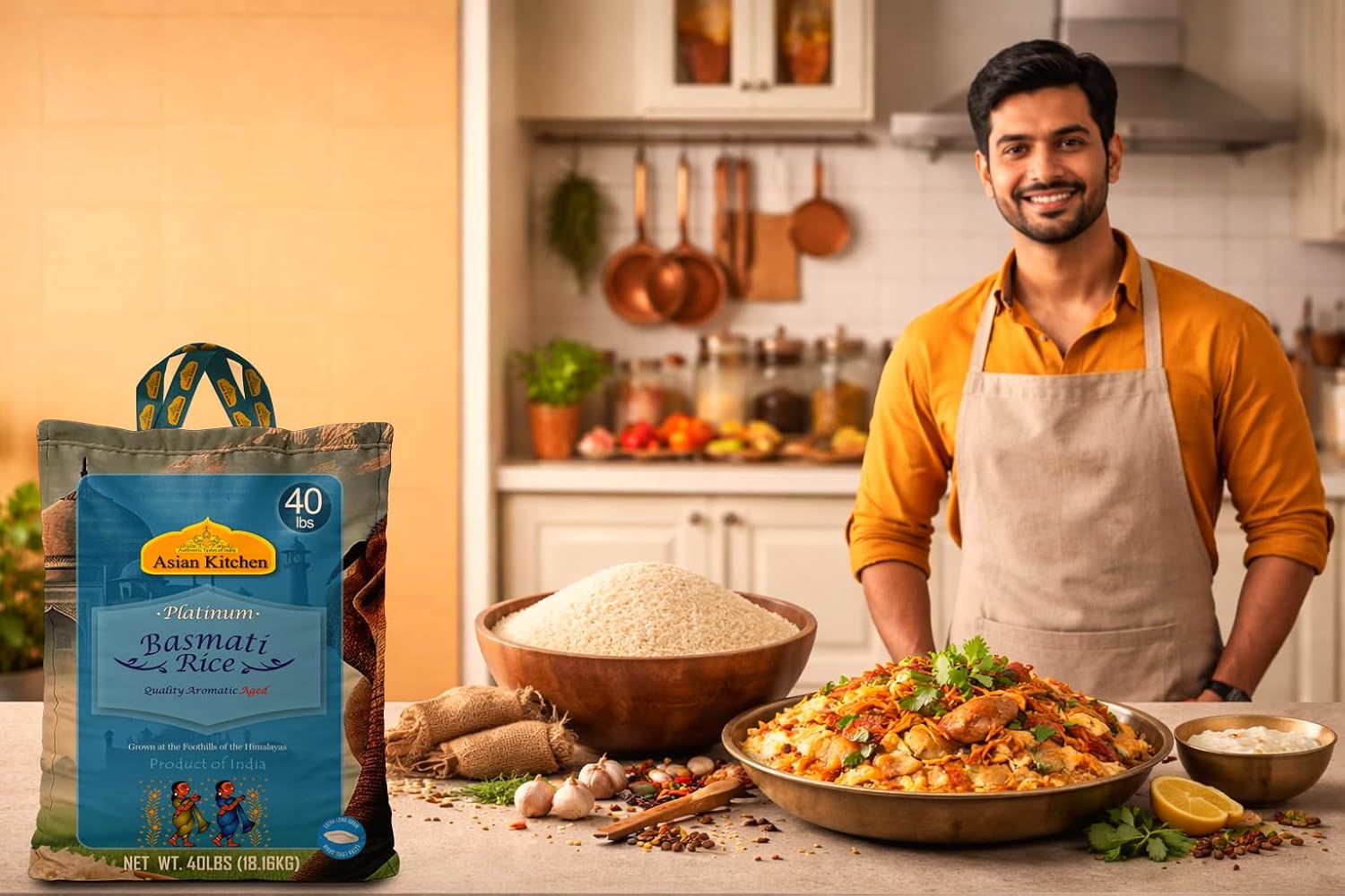 Asian Kitchen Platinum White Basmati Rice Extra Long Aged 20lbs (9.08kg) ~ All Natural | Gluten Friendly | Vegan | Indian Origin | Export Quality