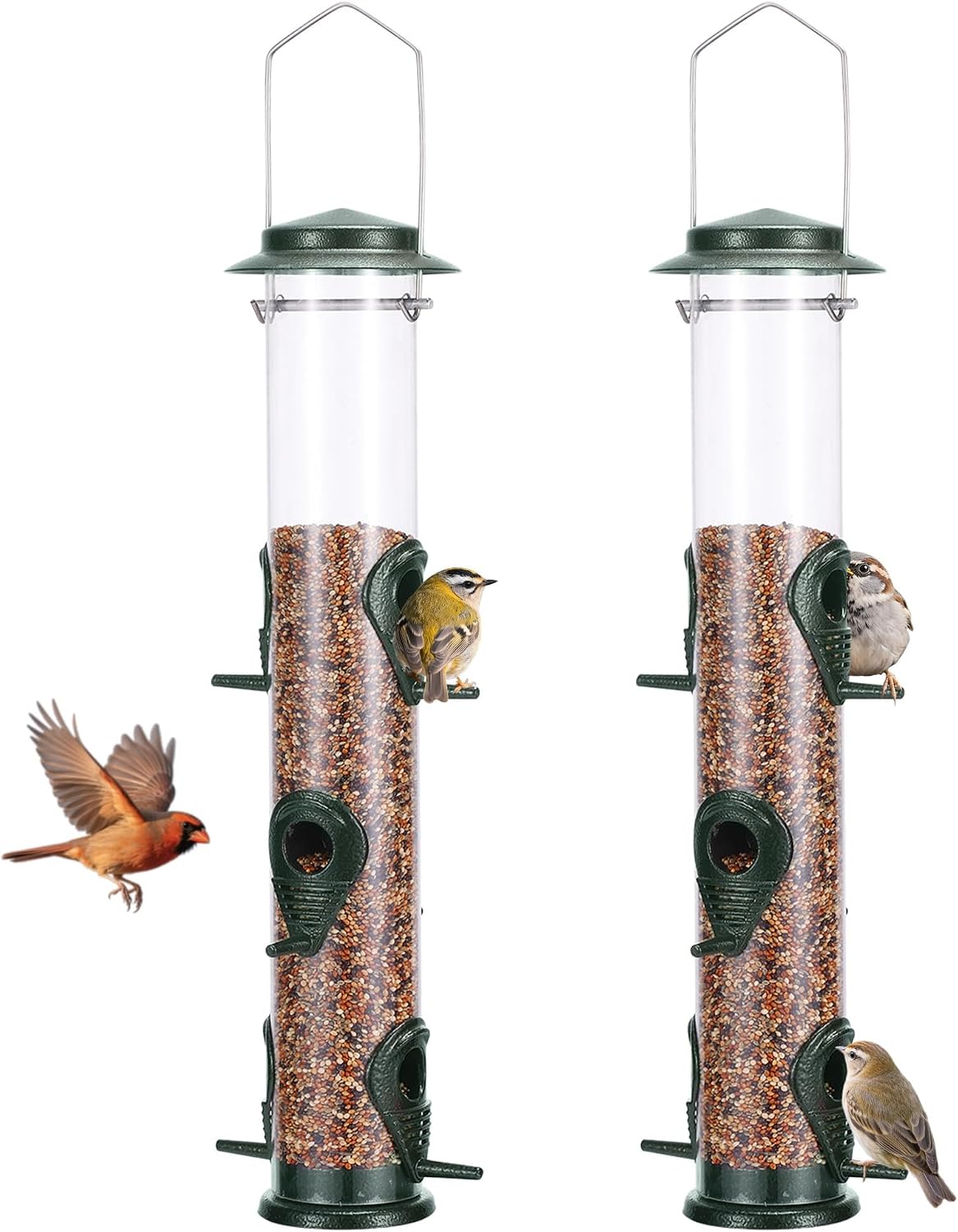 MIXXIDEA 1PK Metal Bird Feeders with 6 Feeding Ports, Tube Bird Feeder with Steel Hanger, Hard Plastic Wild Bird Feeder for Outdoors Hanging
