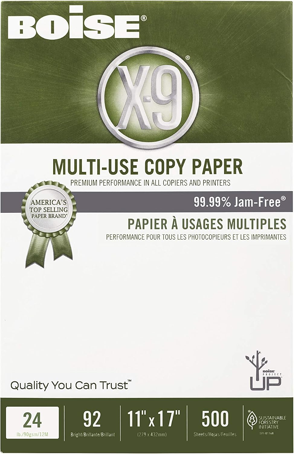 Boise X-9 Multi-Use Printer & Copy Paper, 5 Reams, White, Ledger (11in x 17in), 2500 Sheets Per Case, 20 Lb, 92 Brightness