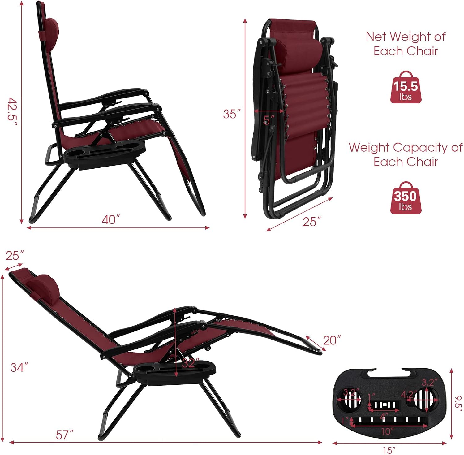 Goplus Zero Gravity Lounge Chairs, 160°Adjustable Folding Recliner w/Pillow and Cup Holder, 350LBS Comfy Outdoor Lounge Chairs for Patio, Lawn, Yard & Camp(1, Gray)