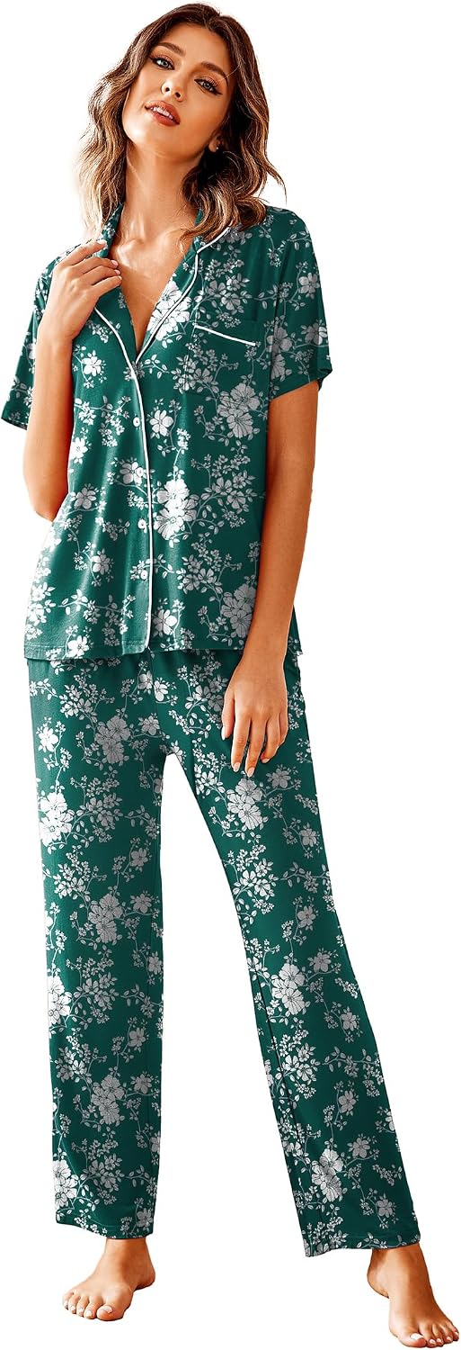 Avidlove Women Pajamas Set Notch Collar Soft Sleepwear Pjs Short Sleeve Button Down Nightwear with Long Pants
