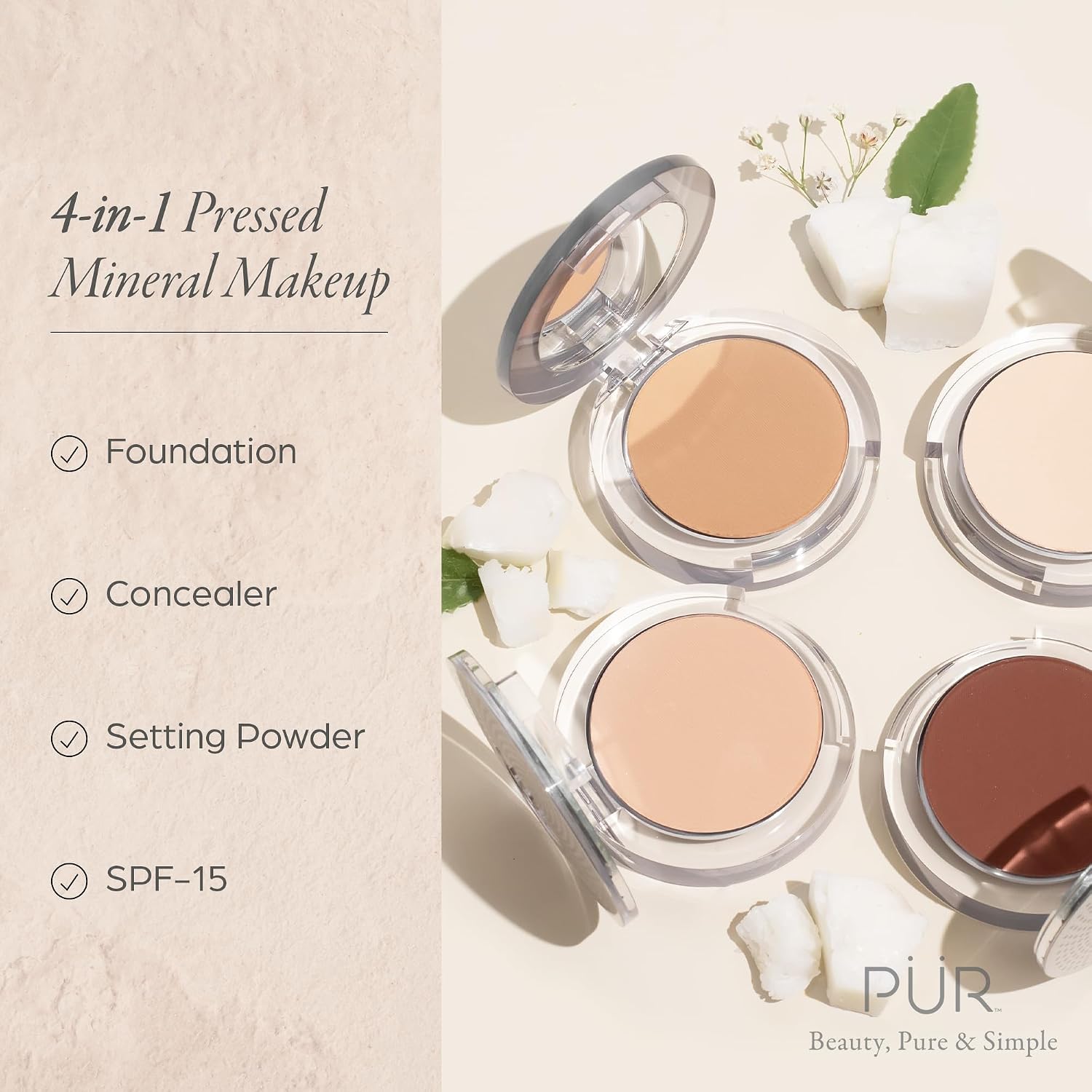 PÜR 4-in-1 Pressed Mineral Makeup Powder Foundation with SPF 15 | Buildable Foundation Coverage - Smooth, Even-Looking Complexion Makeup Delivers Custom Coverage and Comfortable Everyday Wear