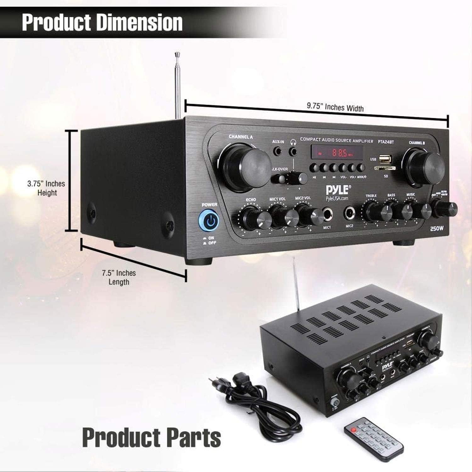 Pyle 2-Channel Bluetooth Home Stereo Amplifier - 250W Wireless Audio Receiver, Karaoke Optimized: Dual Mic In with Echo, Mic Talk-Over, FM Radio