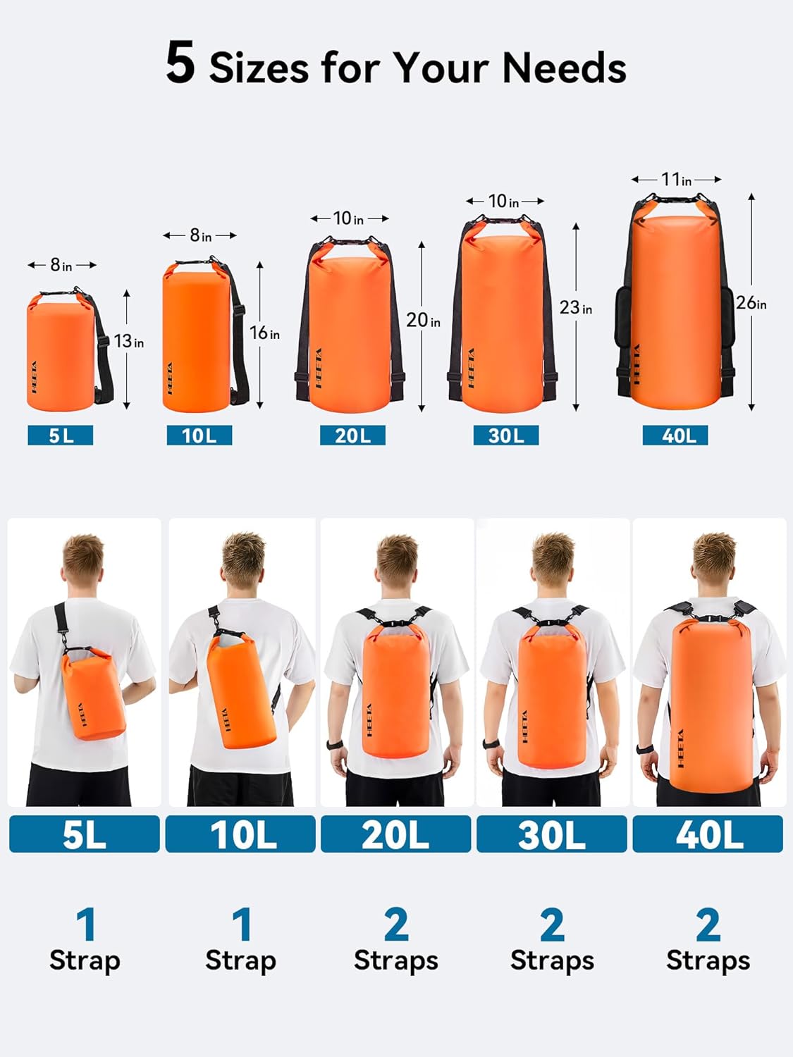 HEETA Waterproof Dry Bag Backpack with Emergency Whistle 5L/10L/20L/30L/40L